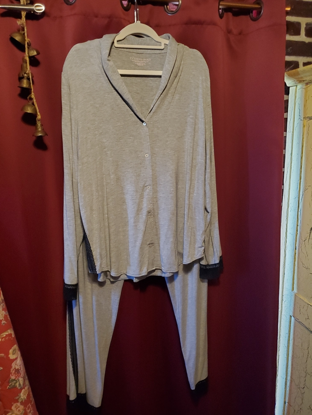 Victoria's Secret Gray & Black Two-Piece Pajama Set with Black Lace Accent Trim